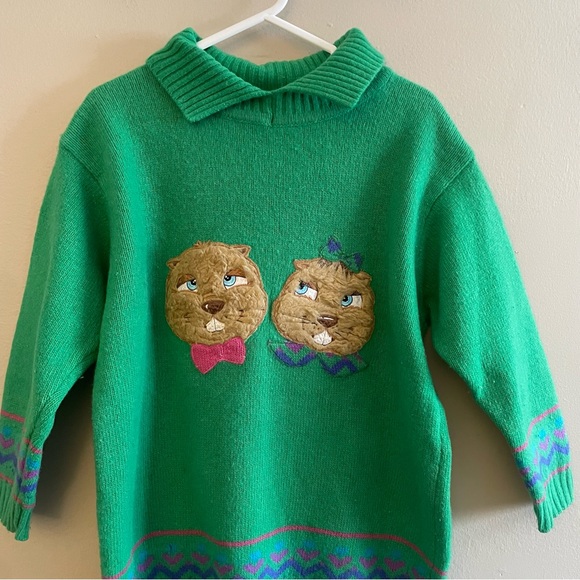 *Rare* Vintage O12 Benetton Wool 3/4 Sleeve Sweater w Chipmunk Characters - Picture 2 of 16